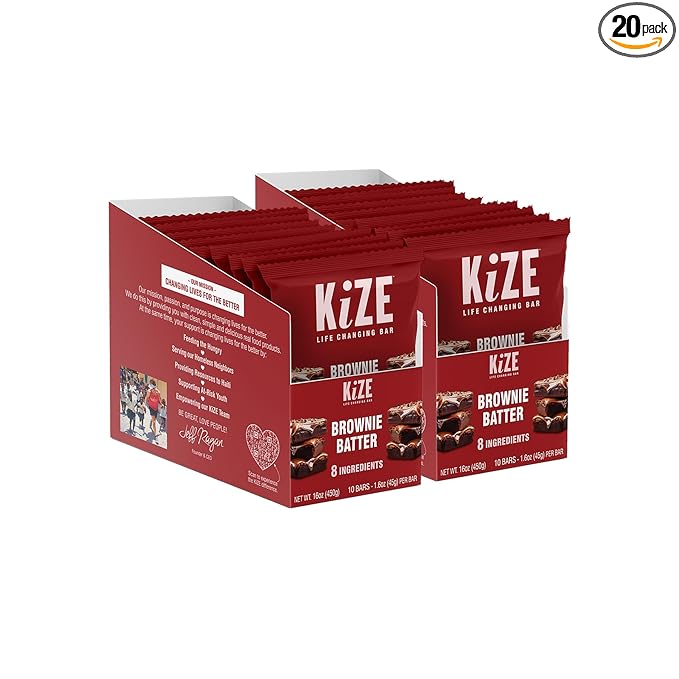 KiZE Energy Bars - Gluten Free, Dairy Free, Non-GMO, and High Protein Meal Replacement Energy Bars, Meal Bar, Clean and Simple Food Ingredients - Brownie Batter, 10g High Protein Snacks, (20 Count)