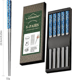 5 Pairs Blue Dragon Chopsticks Set Stainless Steel 316 Reusable Kitchen Eating Utensils Non Slip Chop Sticks Dishwasher Safe Tableware Gift Set 9.26 inches