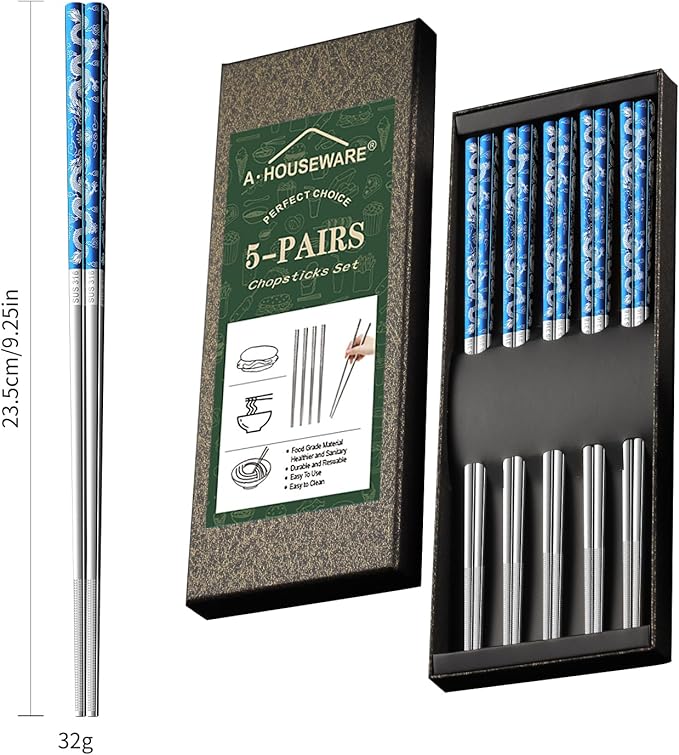 5 Pairs Blue Dragon Chopsticks Set Stainless Steel 316 Reusable Kitchen Eating Utensils Non Slip Chop Sticks Dishwasher Safe Tableware Gift Set 9.26 inches