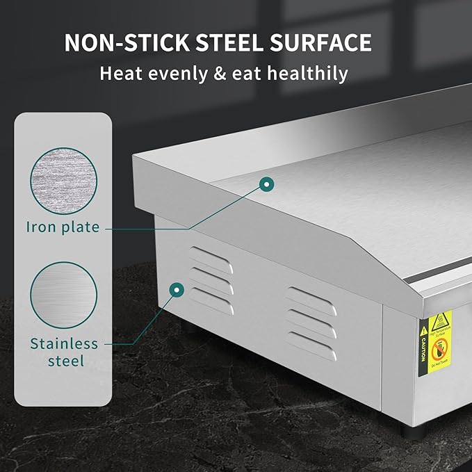 22" Commercial Electric Countertop Griddle, 3000W 110V Flat Top Grill, Non-Stick Teppanyaki Grill, Stainless Steel Hot Plate BBQ, with Adjustable Temp Control for Restaurant Kitchen