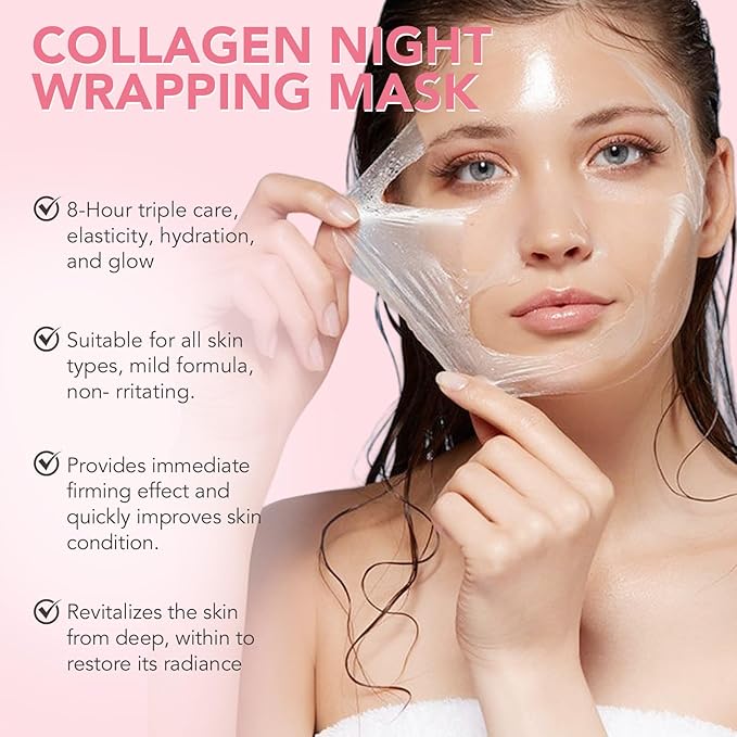 Collagen Overnight Wrapping Peel Off Facial Mask, Collagen Night Wrapping Mask, Hydrating Anti Wrinkle Lifting for All Skin Types, Firming&Elasticity Sleeping Mask (Brush Included)