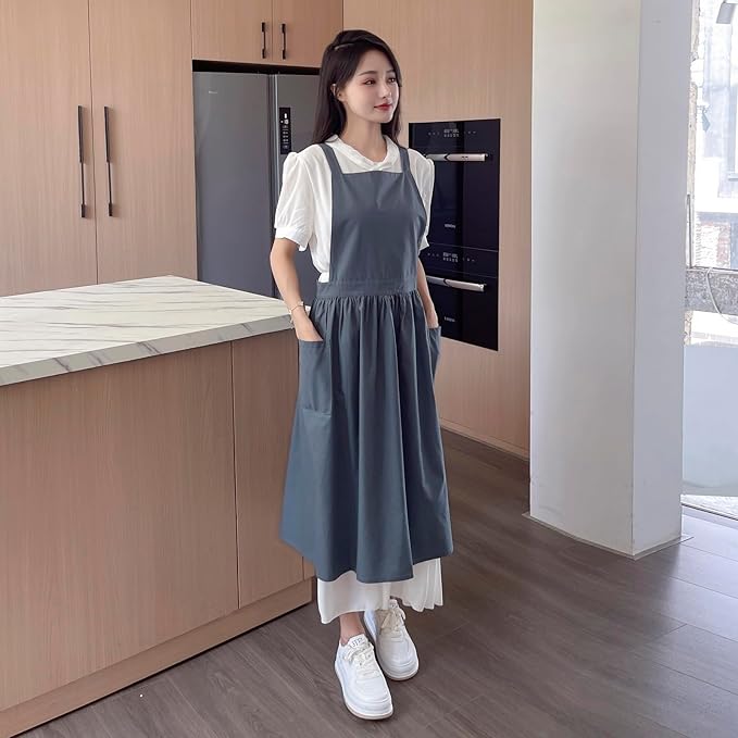 Pinafore Apron Dress，Japanese Cotton Linen Cross Back Apron for Women with Pockets，Pinafore Dress with Waist Ties (Turquoise Blue)