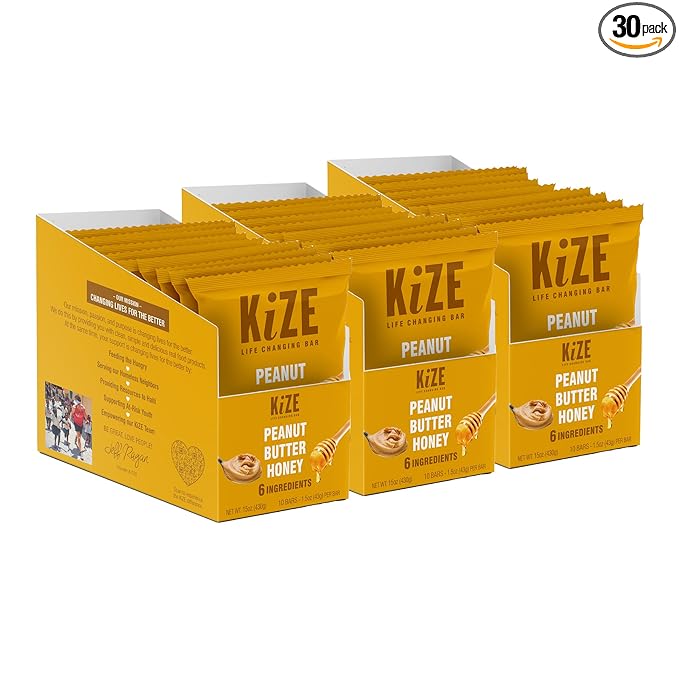 KiZE Energy Bars - Gluten Free, Dairy Free, Non-GMO, & High Protein Meal Replacement Energy Bars, Meal Bar, Clean & Simple Food Ingredients - Peanut Butter Honey, 7g High Protein Snacks, (30 Count)