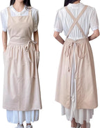 Pinafore Apron Dress，Japanese Cotton Linen Cross Back Apron for Women with Pockets，Pinafore Dress with Waist Ties (Wheat)