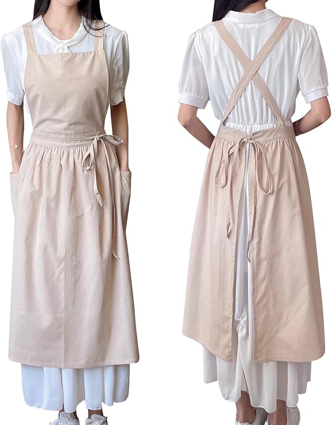 Pinafore Apron Dress，Japanese Cotton Linen Cross Back Apron for Women with Pockets，Pinafore Dress with Waist Ties (Wheat)