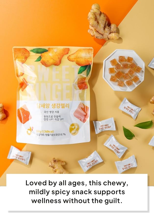 Korean Food Dalsaeang Korean Ginger Jelly – 1 Pack (0.15 lb / ~70 g), Soft Agar-Based Chewy Candy, Rich in Dietary Fiber, All-Natural, No Artificial Colors
