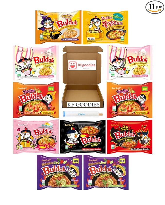 Samyang Buldak Hot Spicy Chicken Ramen Noodle Korean Stir-Fried Ramen (11 Pack, 2 Cream Carbonara, 2 Habanero Lime, 2 Tom Yum, 1 Carbonara, 1 2X, 1 Cheese, 1 Original Spicy, 1 Quattro Cheese.)