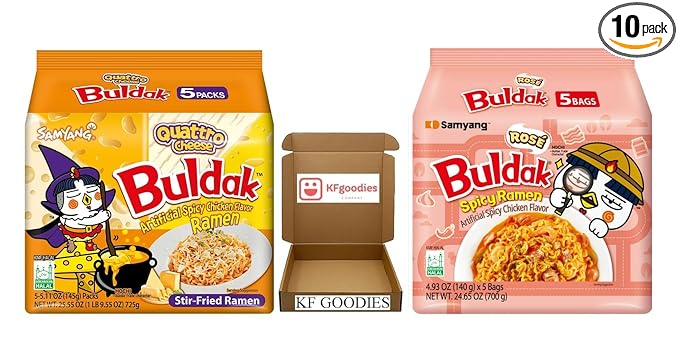 Samyang Buldak Hot Spicy Chicken Ramen Noodle Korean Stir-Fried Ramen (10 Pack, Quattro Cheese & Rosé) 5 Pack Each