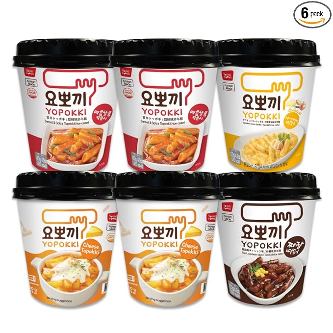 Yopokki Instant Tteokbokki Assorted Cup (Spicy 2, Cheese 2, Onion 1, Jjajang 1, Set of 6) - Korean Street Food with Sweet and Moderately Spicy Sauce, Quick & Easy to Prepare