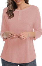 3/4 Sleeve Shirts for Women Crewneck Button Down Tunic Tops Raglan T Shirt