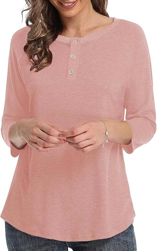 3/4 Sleeve Shirts for Women Crewneck Button Down Tunic Tops Raglan T Shirt