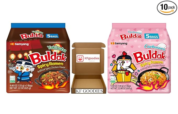 Samyang Buldak Hot Spicy Chicken Ramen Noodle Korean Stir-Fried Ramen (10 Pack - Yakisoba & Carbonara) 5 Pack Each