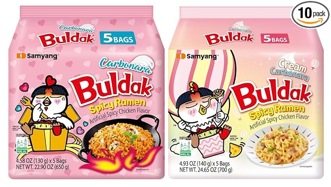 Samyang Buldak Hot Spicy Chicken Ramen Noodle Korean Stir-Fried Ramen (10 Pack - Carbonara & Cream Carbonara) 5 Pack Each