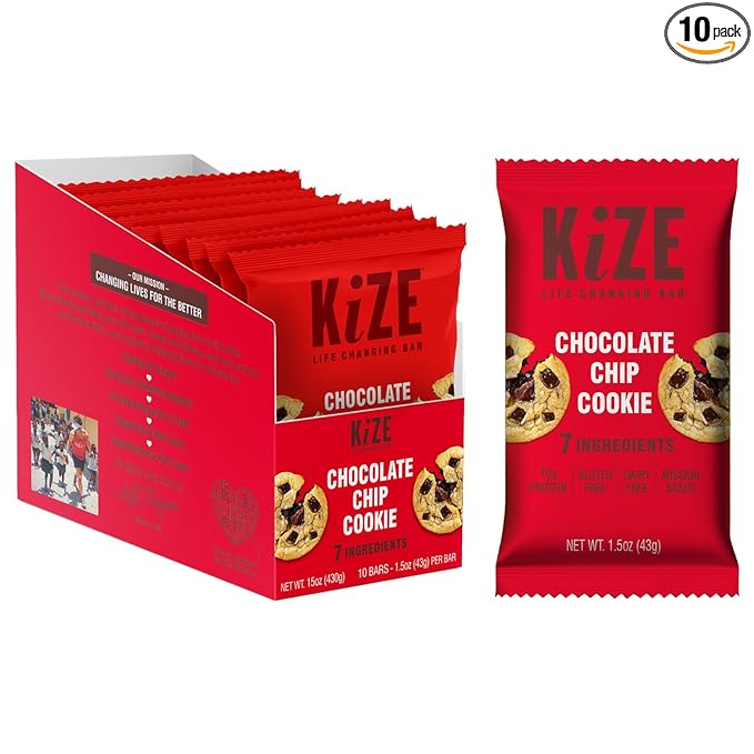 KiZE Energy Bars - Gluten Free, Dairy Free, Non-GMO, and High Protein Meal Replacement Energy Bars, Clean and Simple Food Ingredients - Chocolate Chip Cookie, 10g High Protein Snacks, (10 Count)