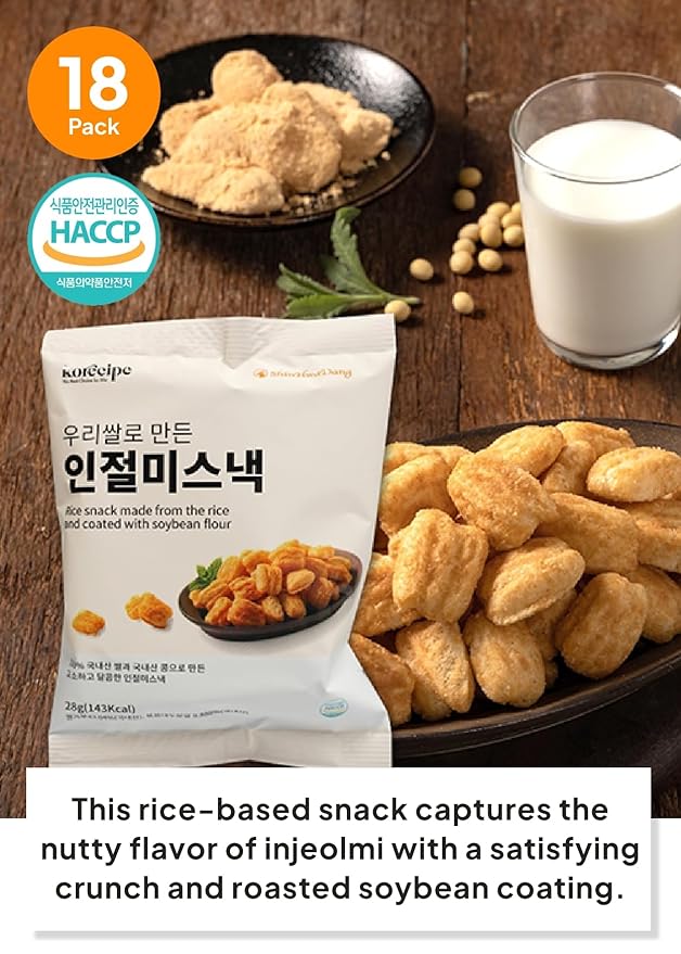 Korean Food Shinwhadang Korean Injeolmi (Korean Sweet Rice Cake) Snack (0.99 oz * 18 Packs) – Crispy Rice Snack with Roasted Soybean Coating (Total 17.8 oz)
