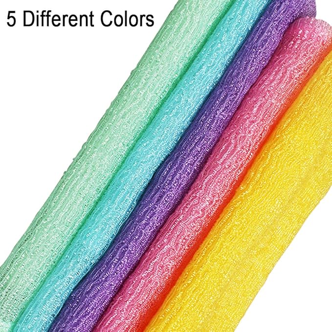 5 Pcs Exfoliating Washcloth Towel, Japanese Exfoliating Cloth for Shower, Body Back Scrubber Bath Towel, Korean Net Sponge Nylon Bath Cloths Skin Loofah Wash Scrub Towels for Women (5 Colors)