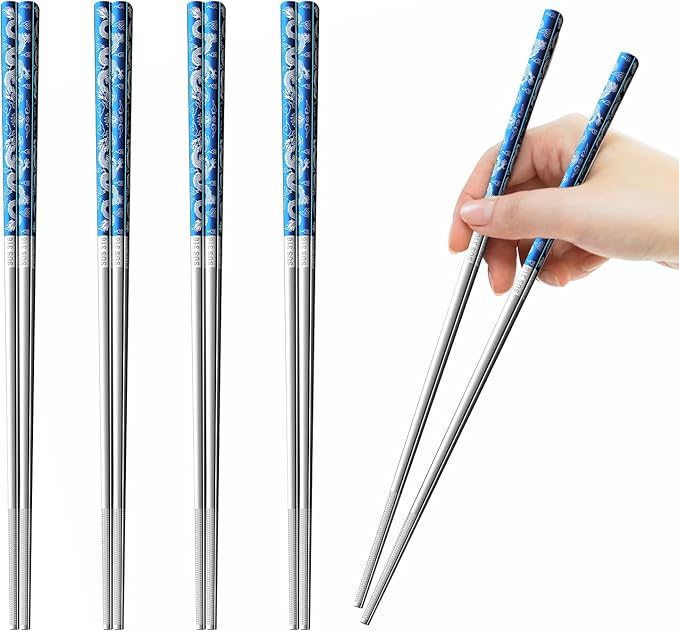 5 Pairs Blue Dragon Chopsticks Set Stainless Steel 316 Reusable Kitchen Eating Utensils Non Slip Chop Sticks Dishwasher Safe Tableware Gift Set 9.26 inches