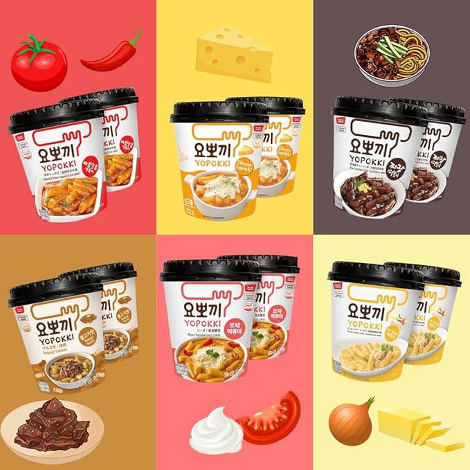 Yopokki Instant Tteokbokki Assorted Cup (Spicy 2, Cheese 2, Onion 1, Jjajang 1, Set of 6) - Korean Street Food with Sweet and Moderately Spicy Sauce, Quick & Easy to Prepare