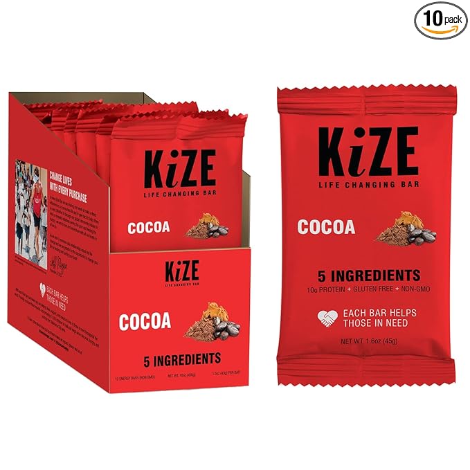 KiZE Energy Bars - Gluten Free, Dairy Free, Nut Free, Non-GMO, and High Protein Meal Replacement Energy Bars, Meal Bar, Clean and Simple Food Ingredients - Cocoa, 9g High Protein Snacks, (10 Count)