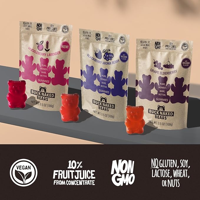 Buck Naked Bears - Gummy Candy 3-Pack - Cherry Kombucha & Huckleberry Lavender - Soft, Smooth, Fruity Snack - 3.5oz Each