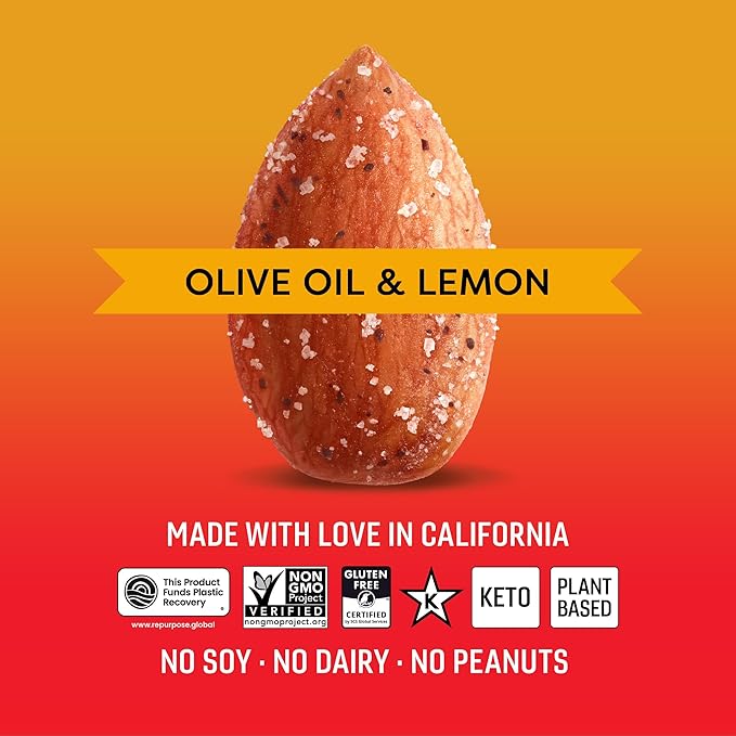 Octonuts Dry Roasted Olive Oil & Lemon Almonds (16oz) Healthy Snack for Adults and Kids - Plant Protein with Fiber, Calcium, and Iron - Low Carb, Low Calorie - Non-GMO and Gluten-Free
