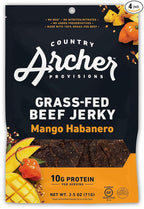 Country Archer Grass-Fed Beef Jerky - Beef Jerky Snack Pack, Beef Jerky Bulk, Individual Beef Jerky Pack, Protein Snack, Country Archer Beef Jerky, Gluten Free, Paleo - Mango Habanero, 2.5 oz (4 Pack)