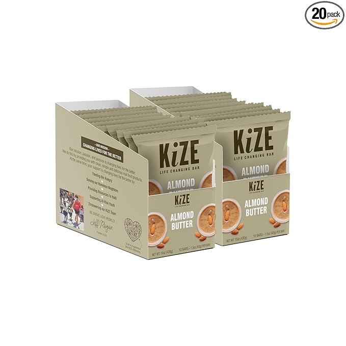 KiZE Energy Bars - Gluten Free, Dairy Free, Non-GMO, and High Protein Meal Replacement Energy Bars, Meal Bar, Clean and Simple Food Ingredients - Almond Butter, 10g High Protein Snacks, (20 Count)