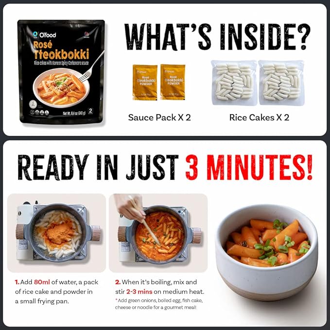 Chung Jung One O'Food Rose Spicy Carbonara Tteokbokki, Gluten-Free Korean Rice Cakes, Authentic Spicy Korean Street Food Snack, Perfect with Cheese and Ramen Noodles, Ready to Eat, No MSG, No Corn Syrup, Pack of 2