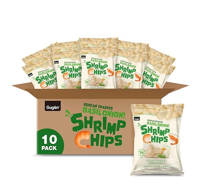Basil Onion Shrimp Chips, Korean Crispy Snack with Herby Shrimp Flavor, Light, Crunchy, Savory 10pack