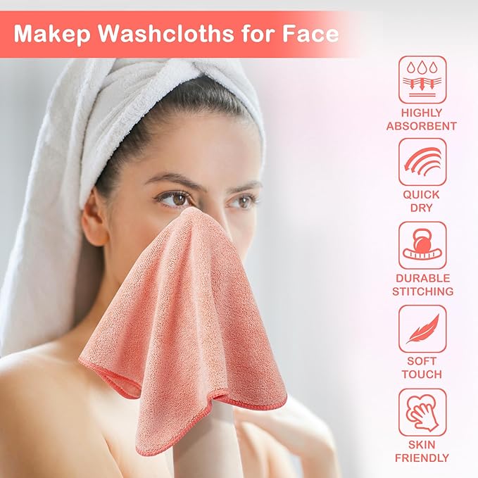 Makeup Remover Cloth 12 x 12 Inch, Reusable Makeup Remover Towels for Washing Face, 6 Pack Washable Microfiber Face Cloth Fast Drying Washcloth, Coral