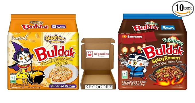 Samyang Buldak Hot Spicy Chicken Ramen Noodle Korean Stir-Fried Ramen (10 Pack, Quattro Cheese & Yakisoba) 5 Pack Each