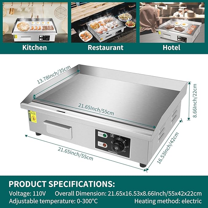 22" Commercial Electric Countertop Griddle, 3000W 110V Flat Top Grill, Non-Stick Teppanyaki Grill, Stainless Steel Hot Plate BBQ, with Adjustable Temp Control for Restaurant Kitchen