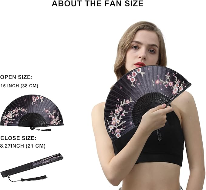 Amajiji 8.27"(21cm) Hand Held Bamboo Silk Folding Fan Hand Fan,Chinese/Japanese Charming Elegant Vintage Retro Style,Women Ladys Girls Best Gifts (Black Redbud)