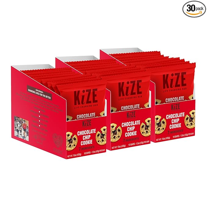 KiZE Energy Bars - Gluten Free, Dairy Free, Non-GMO, and High Protein Meal Replacement Energy Bars, Clean and Simple Food Ingredients - Chocolate Chip Cookie, 10g High Protein Snacks, (30 Count)