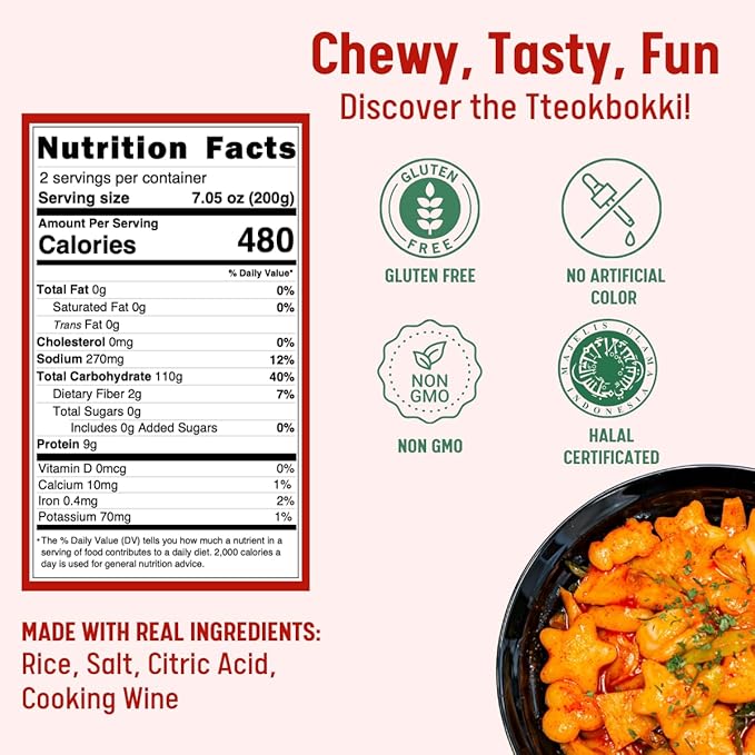Korean Rice Cake, Tteokbokki, Fun-Shaped & Chewy, 1 Pack (2 Individual Package) Vegan, Non-GMO, Gluten-Free, Easy to Cook, 14.10oz per Pack (1 Pack)