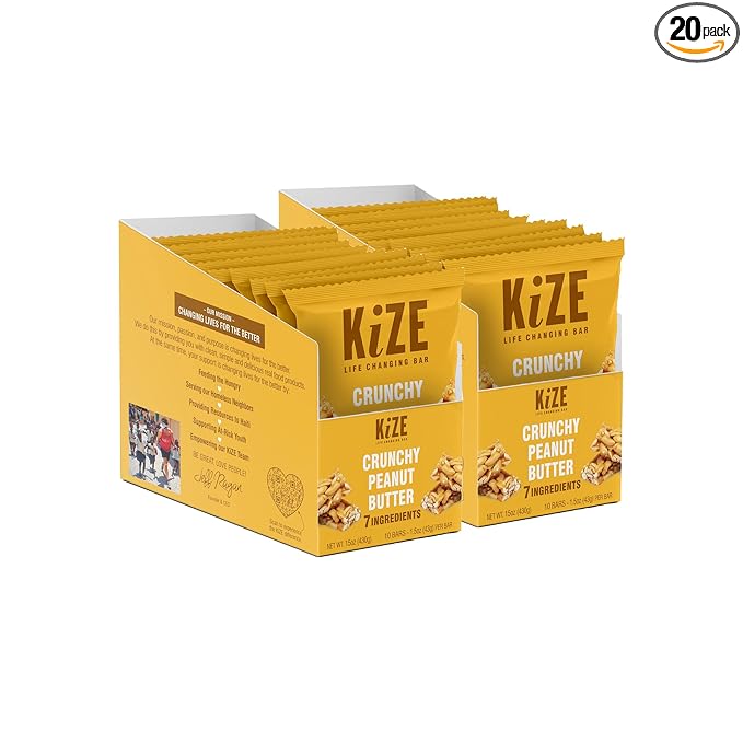 KiZE Energy Bars - Gluten Free, Dairy Free, Non-GMO, & High Protein Meal Replacement Energy Bars, Meal Bar, Clean & Simple Food Ingredients - Crunchy Peanut Butter, 7g High Protein Snacks, (20 Count)