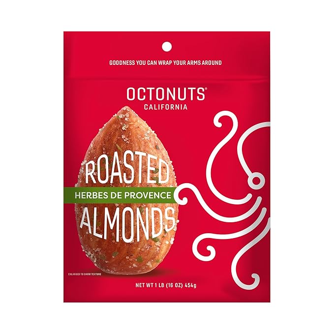 Octonuts Herbes de Provence Almonds 16oz – Dry Roasted California Nuts – French-Inspired Savory Blend – Keto & Paleo Friendly Snack with 6g Protein, 3g Fiber – Low Carb, Gluten-Free, Non-GMO – Resealable Bag