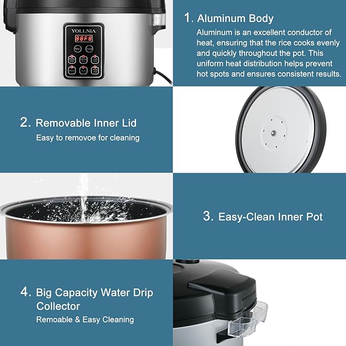 15L/15.8Quart (84 cups cooked rice) Extra Large Commercial Rice Cooker & Food Warmer with Time presetting, 6 Functions, Timer Delay Energy-Efficient for Professional Kitchens,Can preset cooking time