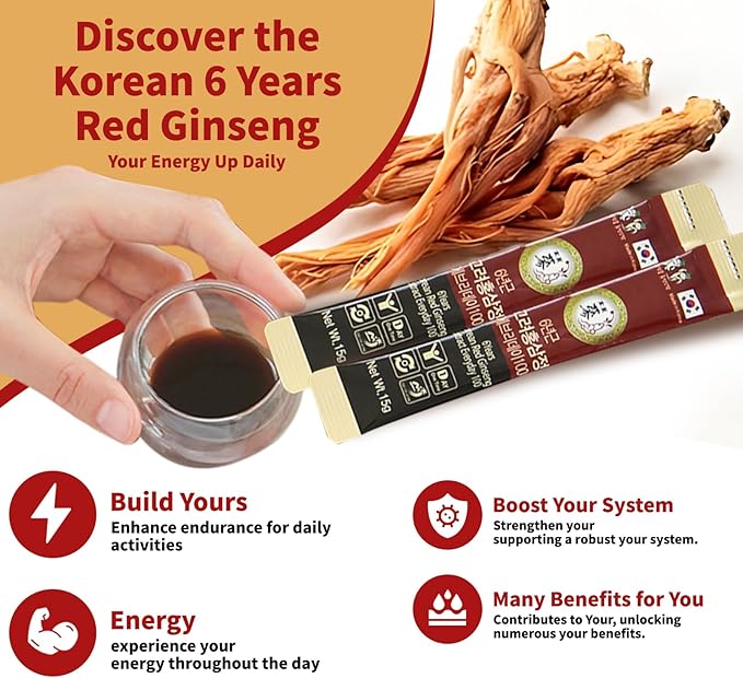100 Pack of 0.53oz Korean Red Ginseng Extract Sticks - 6-Year-Old Ginseng for Optimal Benefits for You - Daily Upgrade - Perfect for Pre/Post Workout (100 Sticks of 0.53oz)