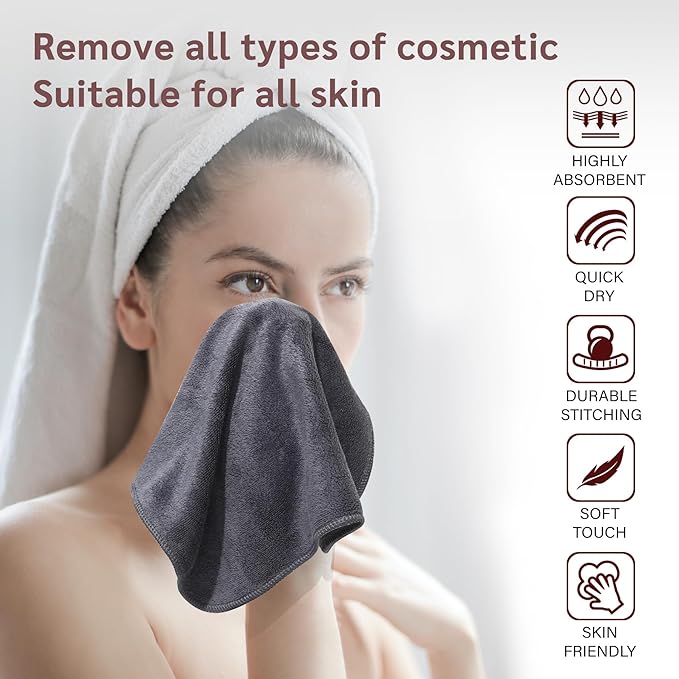 Makeup Remover Cloth 12 x 12 Inch, Reusable Makeup Remover Towels for Washing Face, 6 Pack Washable Microfiber Face Cloth Fast Drying Washcloth, Grey