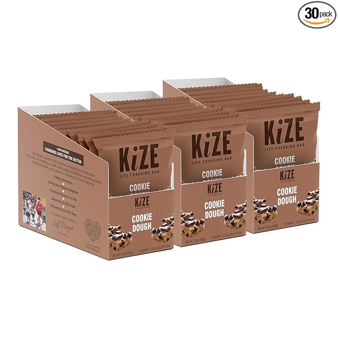KiZE Energy Bars - Gluten Free, Dairy Free, Non-GMO, and High Protein Meal Replacement Energy Bars, Meal Bar, Clean and Simple Food Ingredients - Cookie Dough, 10g High Protein Snacks, (30 Count)