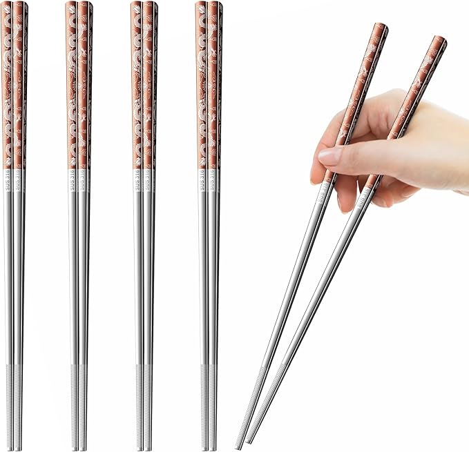 A·HOUSEWARE Copper Dragon Chopsticks Set Stainless Steel 316 Chop Sticks 5 Pairs Reusable Rose Gold Dinning Utensils Tableware Dishwasher Safe and Luxury Gift Box
