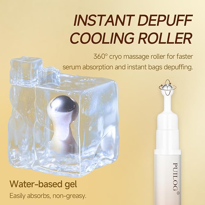 5% Caffeine Eye Serum Roller, Eye Cream for Dark Circles, Wrinkles & Puffy Eyes - with Retinal Hyaluronic Acid Peptides, Instant Depuffing Gel Eyelid Lift, 0.51 fl oz