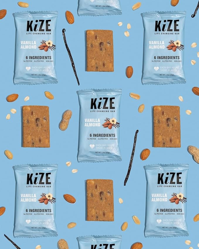 KiZE Energy Bars - Gluten Free, Dairy Free, Non-GMO, and High Protein Meal Replacement Energy Bars, Meal Bar, Clean and Simple Food Ingredients - Vanilla Almond, 9g High Protein Snacks, (20 Count)