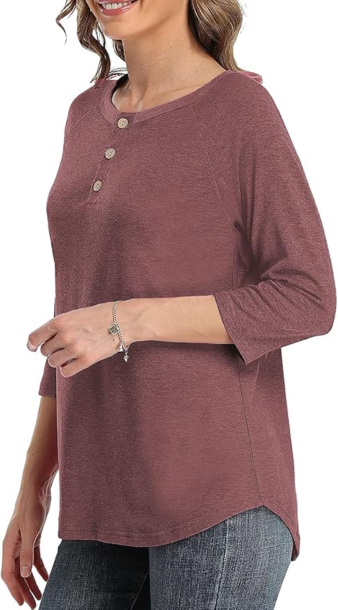 3/4 Sleeve Shirts for Women Crewneck Button Down Tunic Tops Raglan T Shirt
