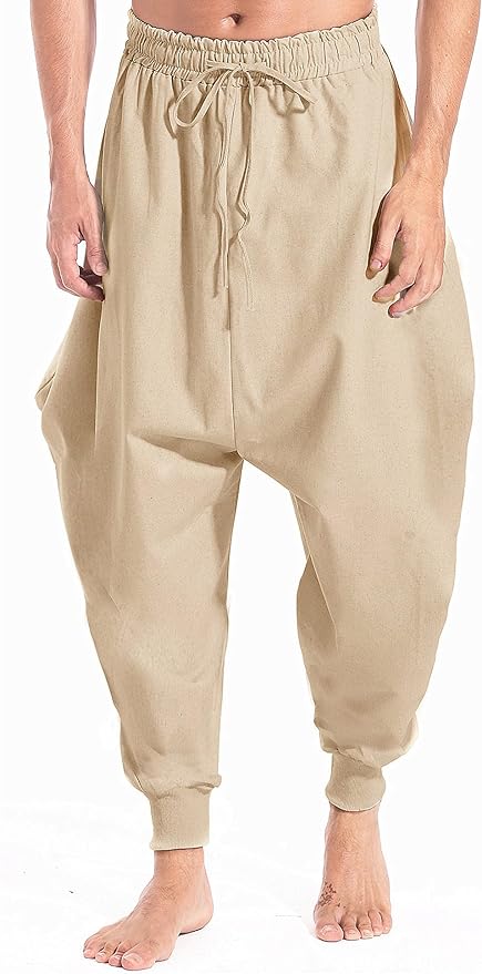 AITFINEISM Men's Drawstring Aladdin Hippie Harem Pants Loose Drop Crotch Trousers
