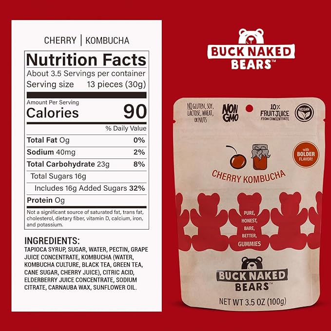 Buck Naked Bears - Cherry Kombucha Gummy Bears - Soft, Smooth, and Sweeter Like a Fruit Snack - Plant-Based Gummies Good Snack Choice - Non-GMO - Clean Label Gummy Candy, Vegan - 3.5oz 3-Pack