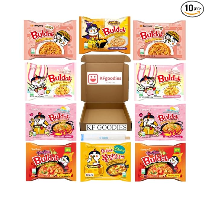 Samyang Buldak Hot Spicy Chicken Ramen Noodle Korean Stir-Fried Ramen (10, Cheese (1), Quattro Cheese (1), Rosé (2), Carbo (2), Cream Carbo (2), Tom Yum (2))