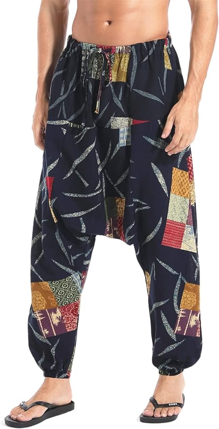 AITFINEISM Men's Drawstring Aladdin Hippie Harem Pants Loose Drop Crotch Trousers