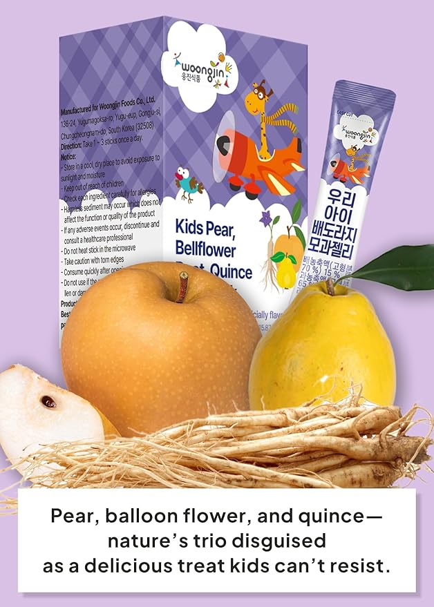Korean Food Woongjin Kids Pear Bellflower Root Quince Jelly Stick – Naturally Sweetened Fruity Flavor Jelly Stick, Individually Wrapped Portable Treat, 30 Sticks (15.87 oz)